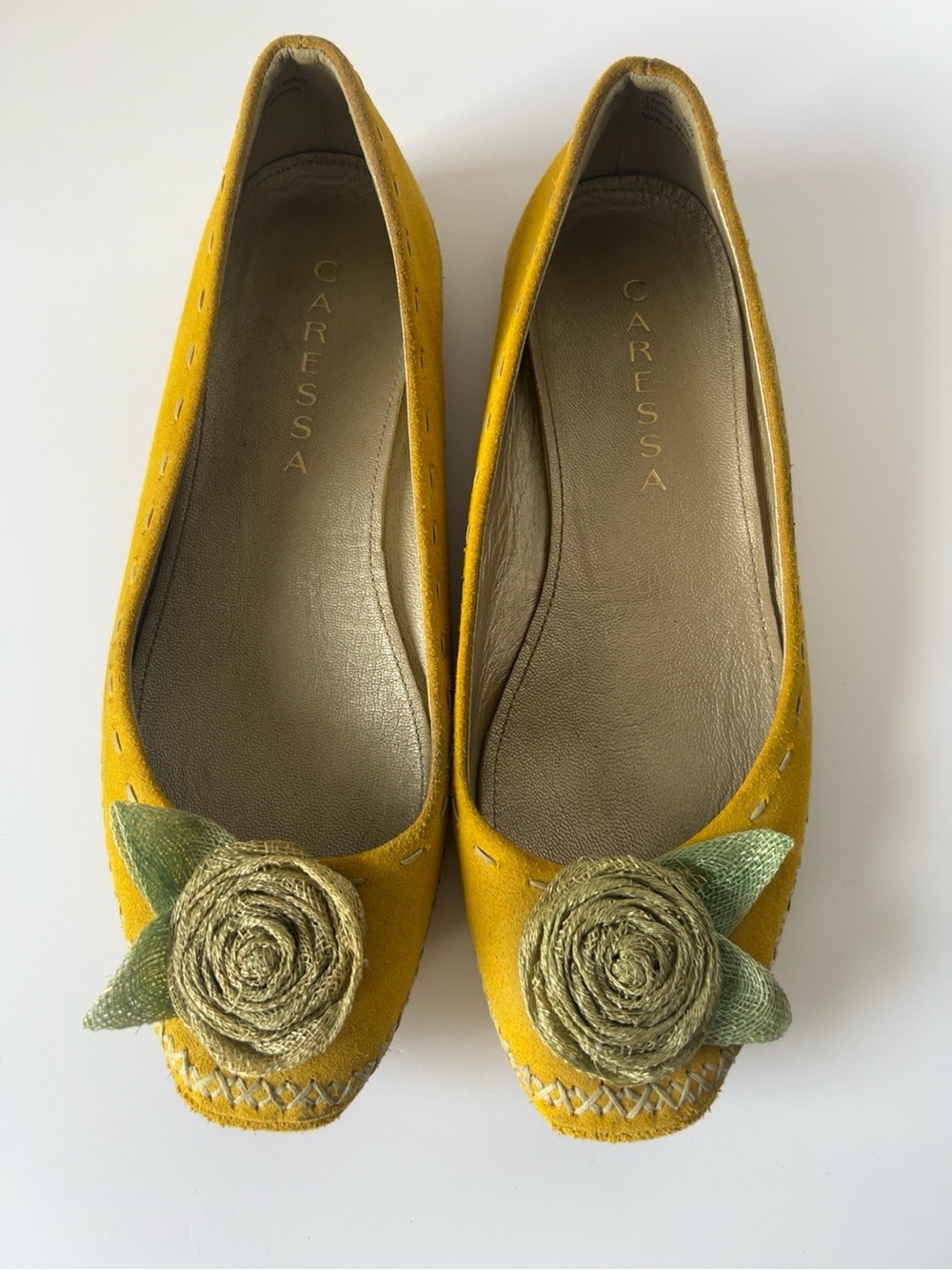 Caressa Yellow Suede Ballet Flats with Green Fabric Flower Accent - Size 8
